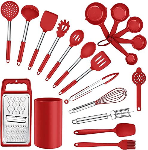 Raincol Lot de 20 ustensiles de cuisine en silicone, ustensiles de cuisine en acier inoxydable, résistants à la chaleur, outils de cuisine avec support pour poêles antiadhésives (rouge)