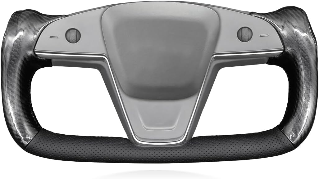 MEWANT Hand Sew Black Perforated PU Leather Shiny PU Carbon Fiber Steering Wheel Cover for Tesla Model S Yoke Model X