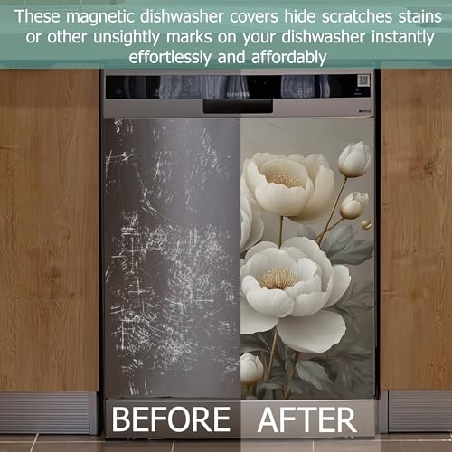 Image of Dishwasher Cover,White Peonies Flower Reusable Dishwasher Magnet Cover,Decorative Modern Art Magnetic Refrigerator Cover Front Panel Cover for Kitchen Decor 23x26 Inch