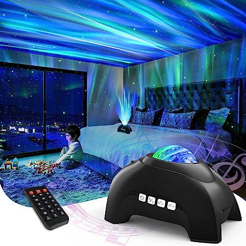 AIRIVO Northern Lights Aurora Projector, Star Projector Music Speaker, White Noise Night Light Galaxy Projector for Kids Adults, for Home Decor Bedroom/Ceiling/Party (Black)