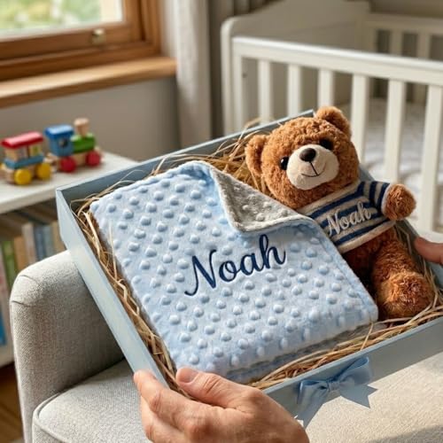Image of Personalized Baby Blanket with Bear Set for Baby Boy Gift | Custom Baby Blanket with Name, Custom Blankets & Teddy Bear Gift Set for Birthday, Flannel Dot Swaddle for Baby Shower Gifts