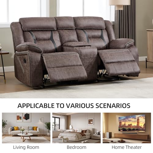 Image of EBELLO Faux Leather Manual Loveseat Recliner, 2 Seat Reclining Sofa Chair with Center Console, Hidden Storage and Cup Holders, Daul Recliner for Living Room, Meeting Room, Grey (Loveseat)