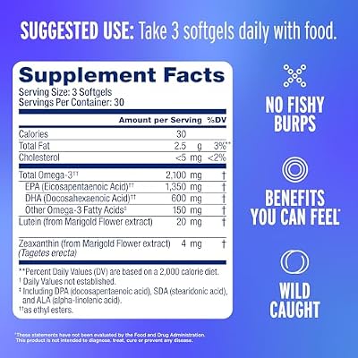 Oceanblue Omega-3 2100 with Lutein & Zeaxanthin Triple Strength EPA DHA Omega 3 Supplement Fish Oil for Eye, Brain & Heart Health Orange Flavor, 90 Softgels (30 Servings)