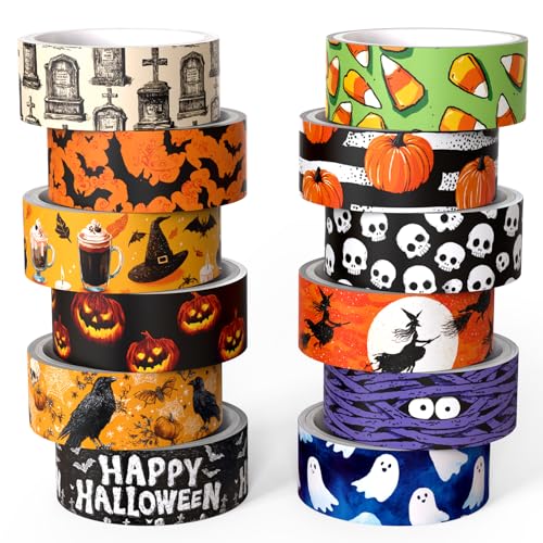 NIKOMIE Halloween Washi Tape Set 12 Rolls Pumpkin Bat Ghost Decorative Tape Candy Skull Witch Masking Tape for Journaling Supplies Scrapbooking DIY Arts & Crafts Gift Wrapping