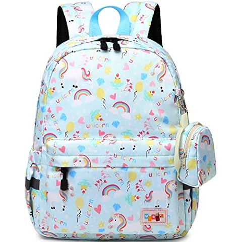 MIRLEWAIY Little Kids Backpack Children Preschool Cute Primary School Bag for Girls with Coin Pouch, Light Blue, Unicorn Cover