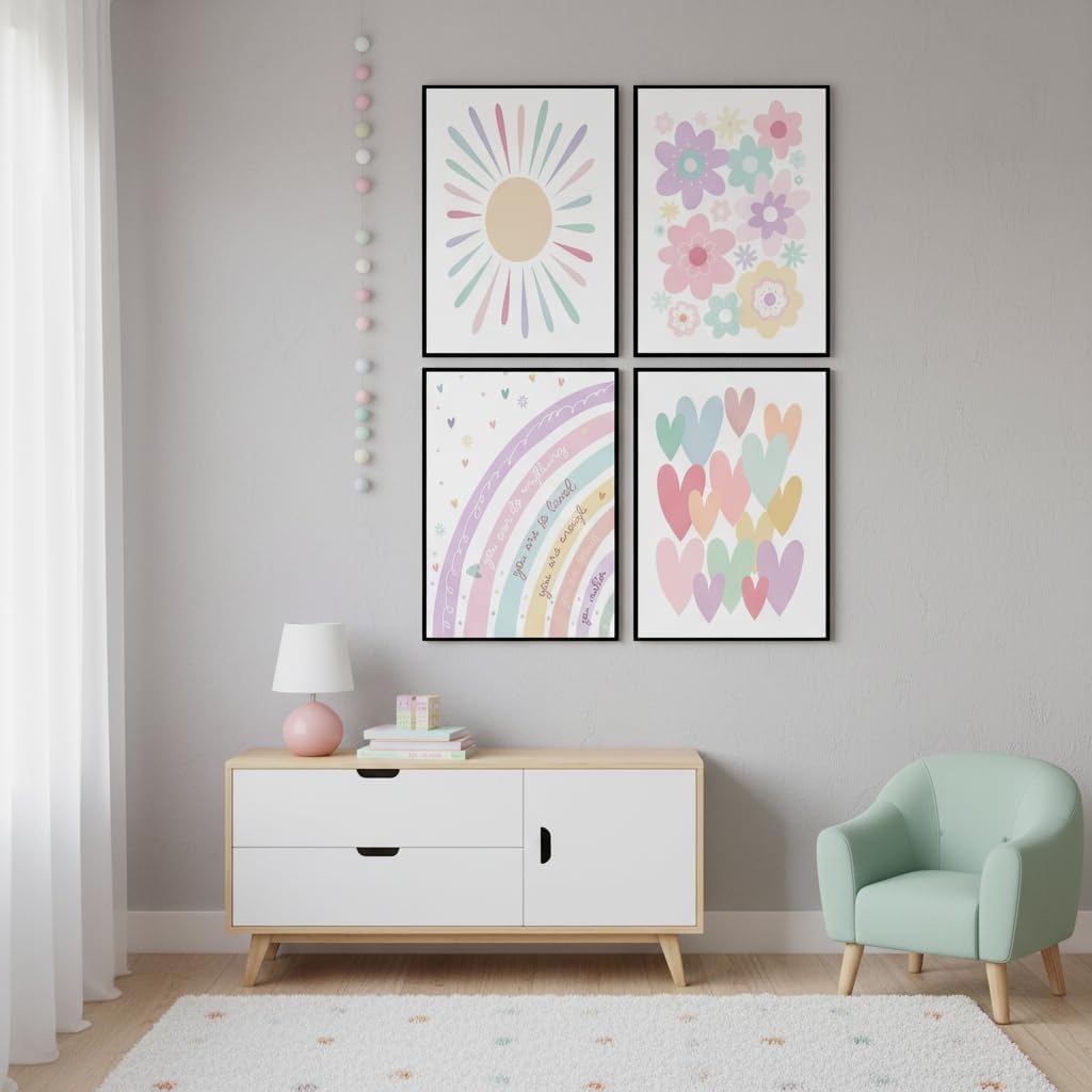 4Pcs Color Toddler Girl Wall Art,Inspirational Quotes Poster Prints.Nursery Sun Floral Heart Canvas Pictures,Boho Rainbow Painting Artwork for Baby Little Girls' Room Wall Decor 8x10in Unframed