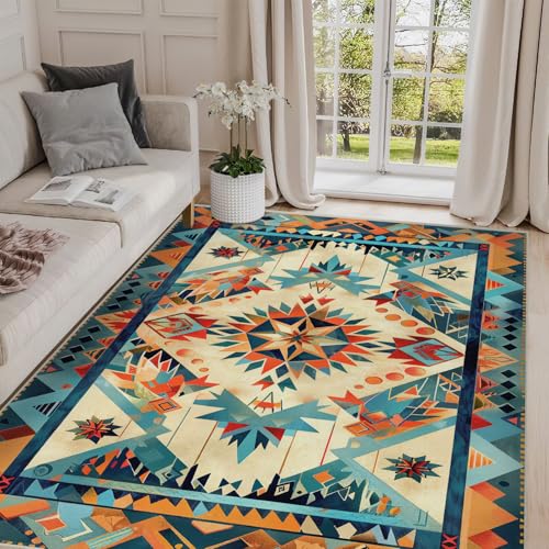 5x7 Aztec Rug Western Area Rug Southwestern Tribal Orange Blue