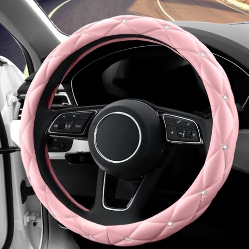 Image of YOGURTCK Cute Diamond Soft Light Pink Leather Anti-Slip Steering Wheel Cover with Bling Bling Crystal Rhinestones, Universal 15 Inch for Women Girls, Fit Vehicles, Sedans, SUVs, Vans, Trucks