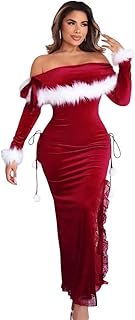 فستان شتوي قطيفة بأكتاف مكشوفة وتفاصيل فرو ناعمة