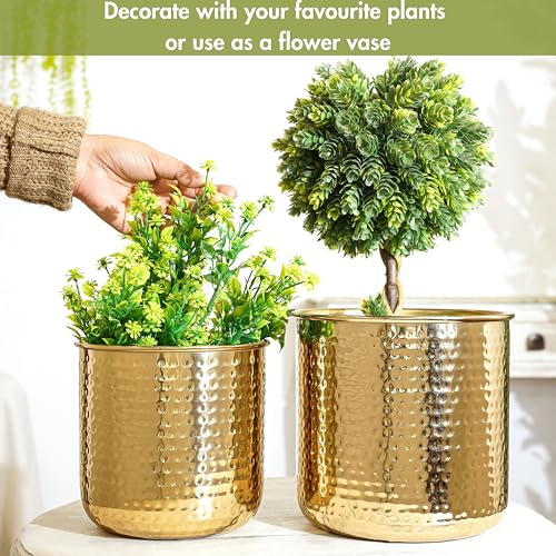 Image of BEHOMA Hammered Metal Indoor Planter for Table, Gold - Pack of 2 | Handcrafted Metal planter - elegant accent for Living Room decor & gifting