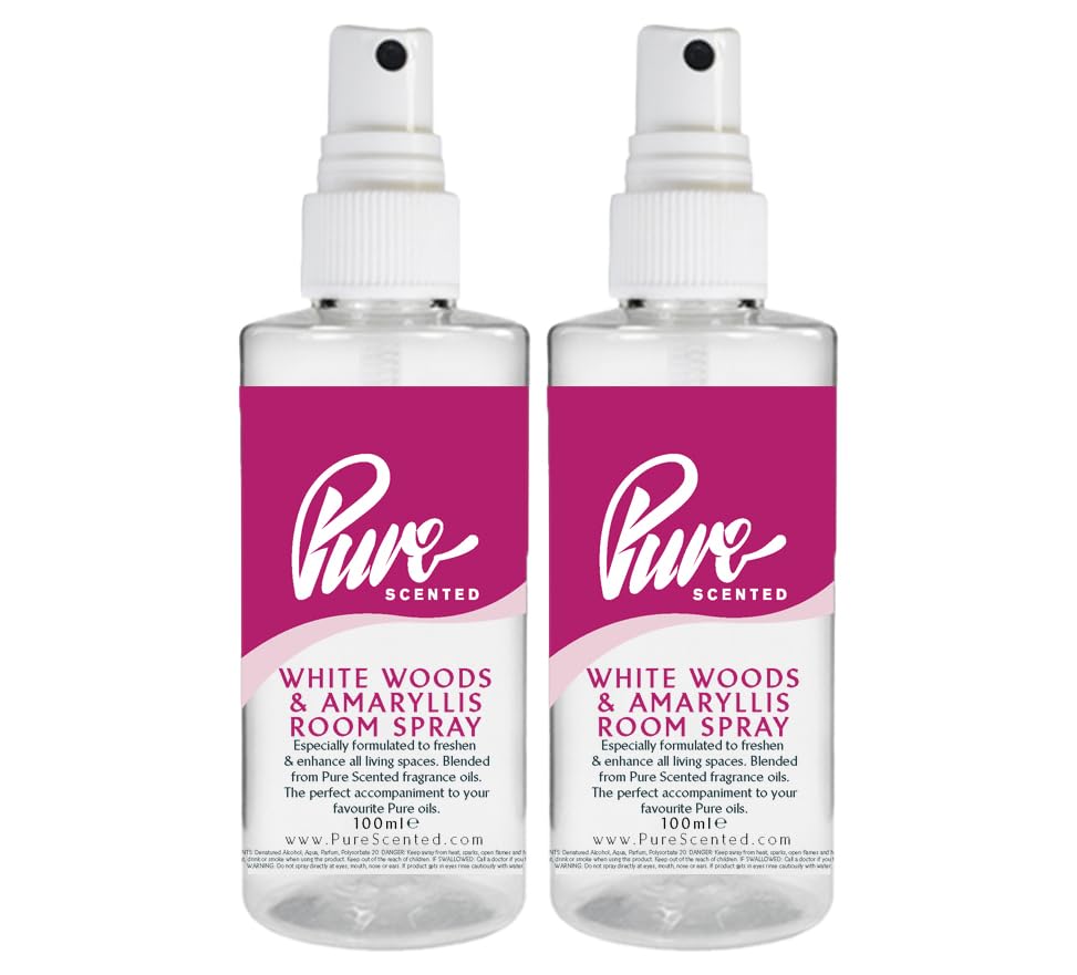 "Pure Scented 200ml Room & Fabric Sprays 2 x 100ml Suitable For Home, Car, Caravan, Work, Gym Bags, Odour Eliminators (2 x 100ml, White Woods & Amaryllis)"