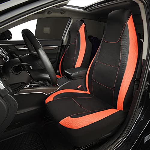 Flying Banner Car Seat Covers Quality Carbon Fiber Faux Leather Mesh Fabric Sport Low High Back Bucket Back Pocket Arm Rest Car Suv Truck Pick Up (2 Fronts - High Bucket, Orange) #TOP2