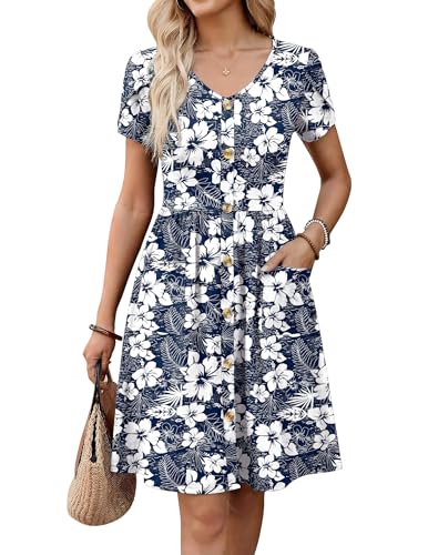 Zeagoo Cruise Dresses Casual Summer Floral Button Down Dresses for Women Fashion Short Sleeve Mini Flower Flowy Elegant Dress
