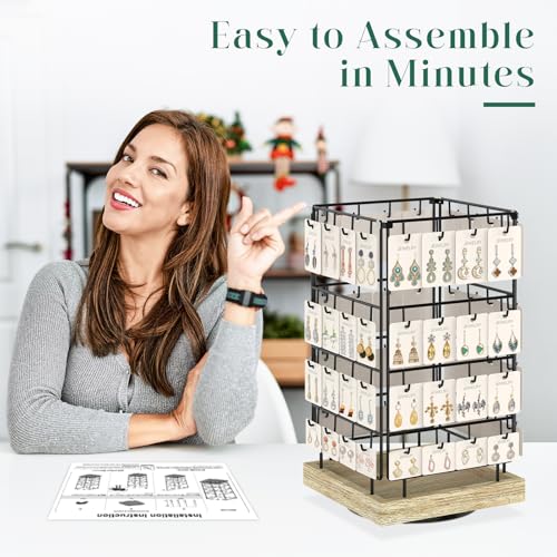 Image of EsLuker.ly Rotating Earring Display Holder Stand for Vendors Events Selling, Large Capacity 64 Hooks Jewelry Rack with Wooden Base for Earring Card Sales, Enhances Retail Display Visibility