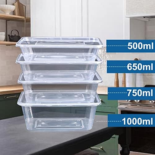 RelianceUK 25 Pack 500 ML Plastic Food Containers Clear Takeaway Food Boxes with Lids Meal Prep Microwave Dishwasher Freezer Safe Rectangle