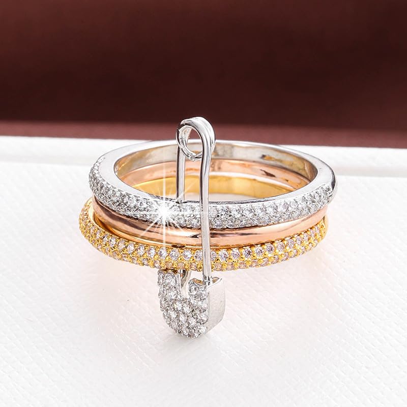 Stackable Rings for Women Non Tarnish, 3PCS Detachable Cubic Zirconia Rings with CZ Safety Pin, Dainty Engagement Promise Statement Band Ring Set, Size 5-12 Jewelry Gift for Famale4