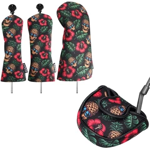 VIXYN Golf Club and Mallet Putter Cover Bundle Set - 4 Pack Golf Club Covers for Driver, Woods, Hybrid, and Mallet Putter (Pineapple Skull) Cover