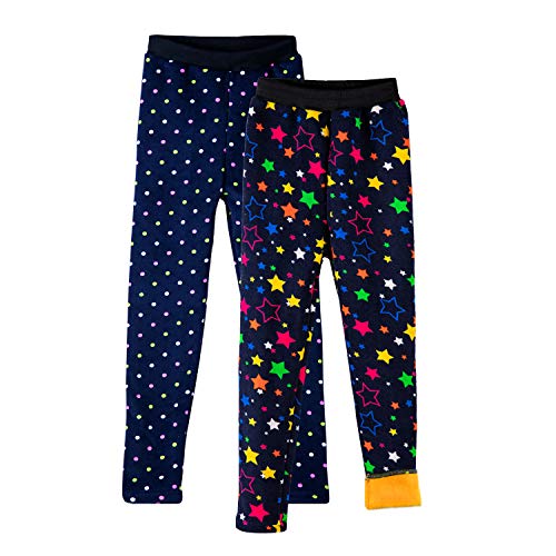 Preisvergleich Produktbild LSHDCER Thermoleggings Mädchen Leggings Kinder Gefütterte Leggins Herbst Winter Warm Hose Thermohose, Farbige Punkte+Stern auf Schwarz, 152-158