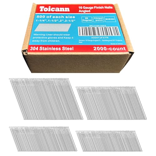 Toicann 16 Gauge 20-Degree Angled Finish Nails 1-1/4" to 2-1/2", 2000-Pack