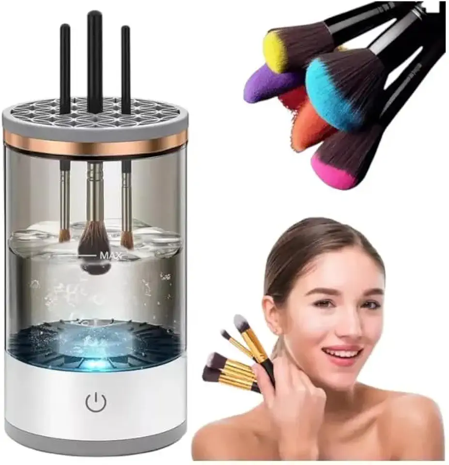 Maquina Limpador Limpeza De Pincéis De Maquiagem Prático, limpador de pincéis de maquiagem elétrico limpador de pincéis cosméticos automático com escova limpa tapete giratório limpador de pincéis de maquiagem (Branco / Fume)