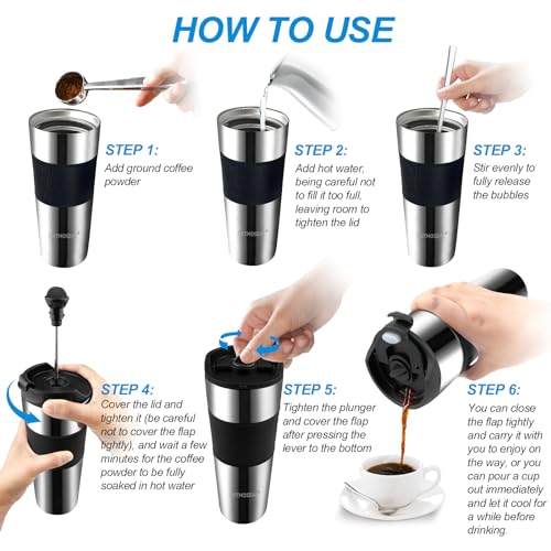 patmoseal Insulated French Press Travel Mug Leak-Proof, Portable Coffee Maker, Vacuum Cafetiere 3 Cups for Travel, Camp, 15oz/450ml (Silver) - Image 5