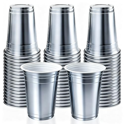 16 oz - 100 Count Metallic Plastic Cups Disposable Plastic Party Cups for Easy Cleanup and Large Gatherings Gold Metallic Cups for Birthdays Parties Christmas and Everyday Use (Silver)