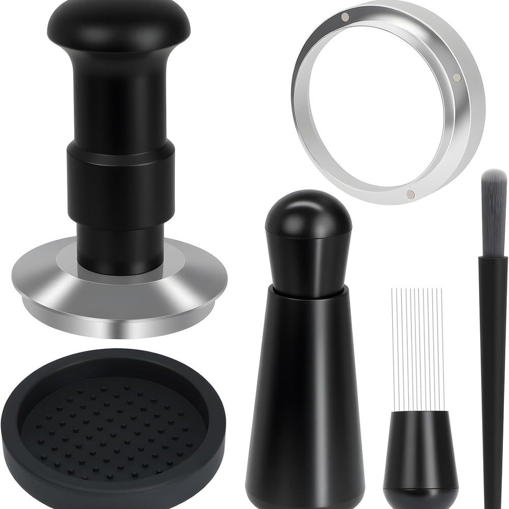 Prensador de acero inoxidable 304 de 58 mm con doble muelle de 15 kg de presión constante, autonivelante, incluye herramienta de distribución y anillo dosificador para máquina portafiltros (58 mm)