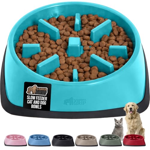 GORILLA GRIP Patented BPA Free Slow Feeder Dog Bowls, Interactive Puzzle Toy for Dogs and Cats Food Training Enrichment, Keeps Pets Busy and Prevents Puppy Overeating, All Breeds, 2 Cup, Turquoise