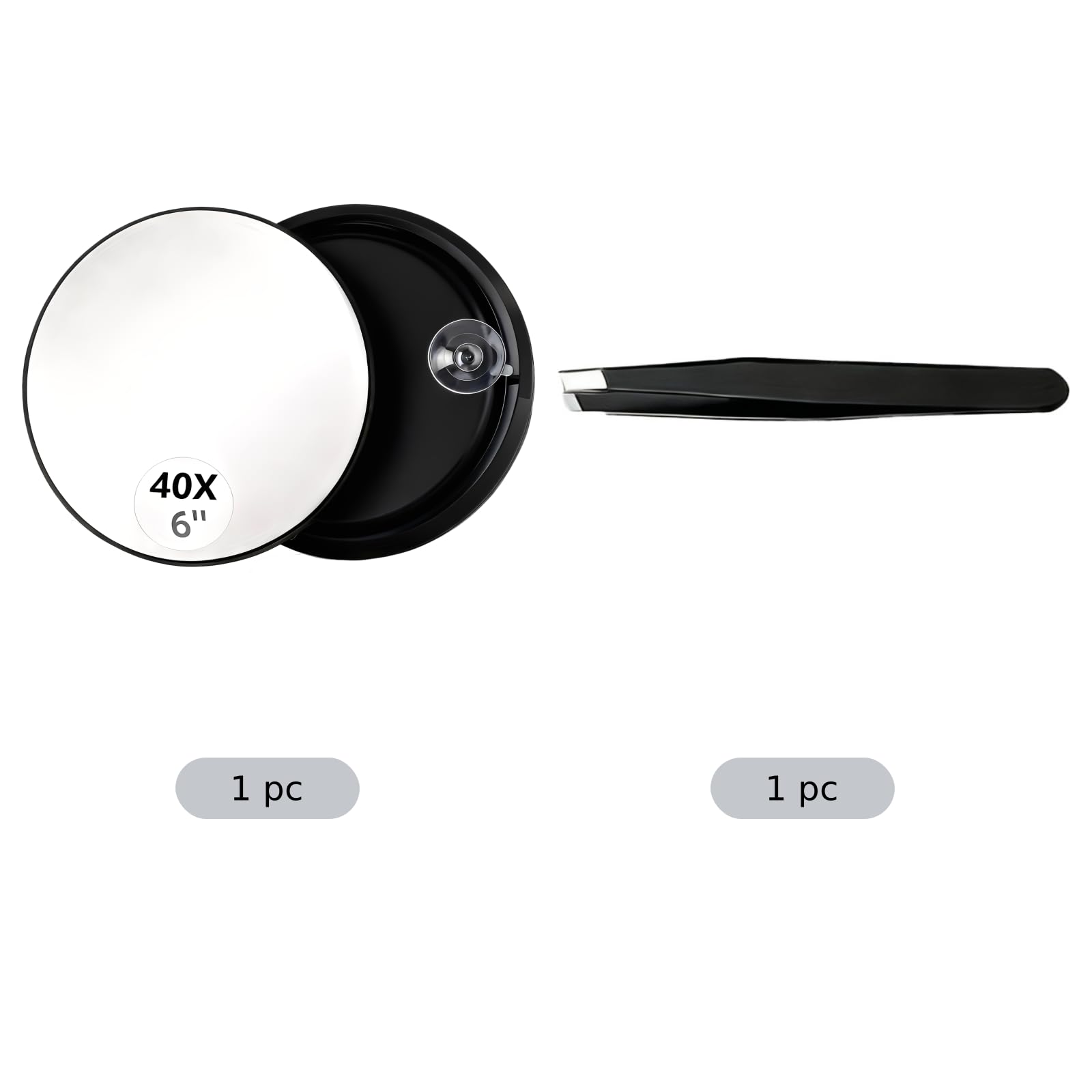 Vergrößerungsspiegel 40X mit Pinzette, 6 Zoll Saugnapf-Spiegel, Kosmetikspiegel für präzises Make-up und Detailkontrolle, schwarzer Rahmen, ideal für Reisen, mit schräger Pinzette