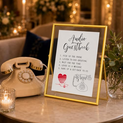 Image of Calculs Audio Guest Book Sign, Gold 8x10 Floating Picture Frame | Double glass metal frame, fits 6x8 insert, audio guest book table, reusable tabletop frame for signs and photos