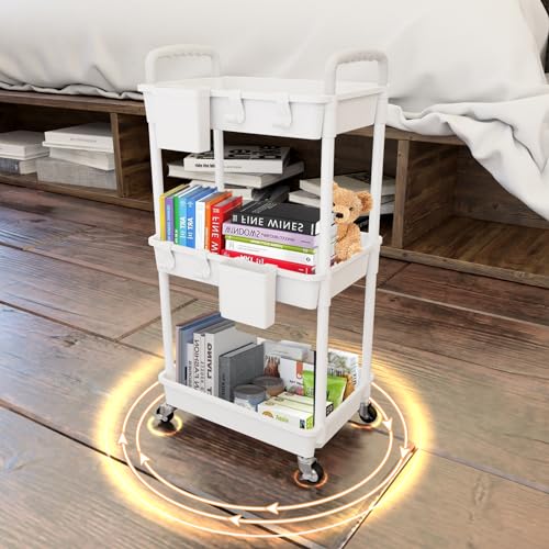 Image of 3 Tier Rolling Utility Cart with Handle,REBECAT Utility Cart Made of Multifunctional Storage Organizer Tool for Kitchen,Bathroom,Living Room,Office(White)