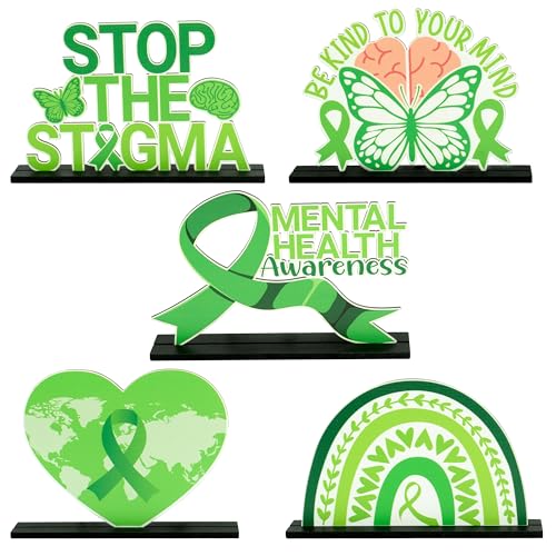 BkeeCten Mental Health Awareness Centerpieces - 5Pcs Mental Health Awareness Month Wooden Centerpieces Decorations Green Ribbon Positive Detachable Wooden Desktop Tiered Tray Indoor Decoration Handout