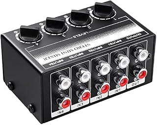 PROZOR 4 Channel Stereo Audio Mixer Metal Shell RCA Input and Output Mini Passive Stereo Mixer with Separate Volume Controls for Mixing Instruments CD Players Tape Players etc