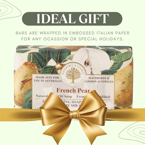 Image of Wavertree & London French Pear Scented Natural Soap (2 Bars), 7oz Moisturizing French Triple Milled Soap Bars enriched with shea butter - Pure Plant Based Bath & Body Bars for All Skin Types