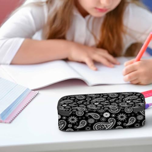 Image of Black Paisley Pencil Case Traditional Ethnic Flower Dots Pattern Pencil Bag Pen Markers Pouch Holder Organizer for Boy Girl School Students