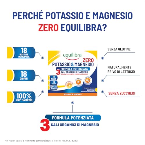 Equilibra Integratore Potassio e Magnesio, Senza Zucchero, Reintegro Sali Minerali, Gusto Limone e Arancia, 36 Bustine - Immagine 3