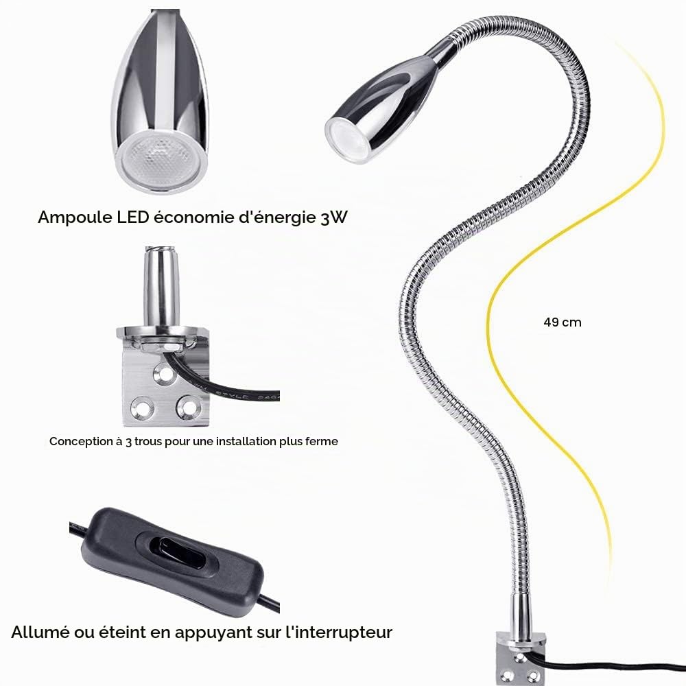 Lampe de lecture à LED,lampe de chevet,2 pièces en applique sur mur,bureau,bibliothèque,200lumens/3000k/3w/110-240V AC,angle de faisceau:30°,longueur du col:49cm,cordon d'alimentation:2m,blanc chaud