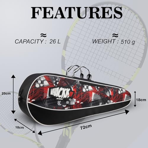 Image of WHACKK Pro Red, Black 26L Unisex Lightwieght Tennis Badminton Squash Equipment Cover Kit Bag | 4T 6B Racket |Duffel