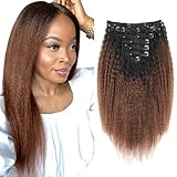 Sassina 12 Inch Two Tone Kinki Straight Clip ins Invisible Remy Human Hair Clip on Extensions for Black Women,Natural Black Fading to Chocolate Brown 120 Grams with 7 Pieces 17 Clips Attached