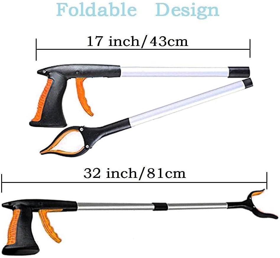 Litter Picker, 32" Foldable Tool Lightweight Aluminum Reaching Aid with Rotating Rubber Gripper, Long Arm Extender for Elderly,Garden Gripper(Orange)