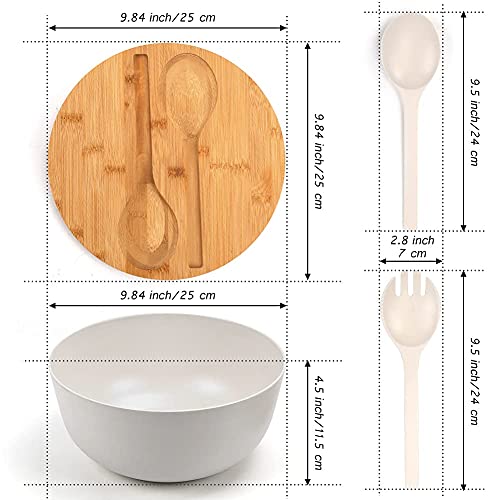 Large Salad Bowl With Lid, Bamboo Fiber Salad Serving Bowl Set With Utensils, 9.8Inches Mixing Bowl With Servers, Solid Bamboo Wooden Bowl For Salad, Fruits, Vegetables And Pasta(White) #TOP1