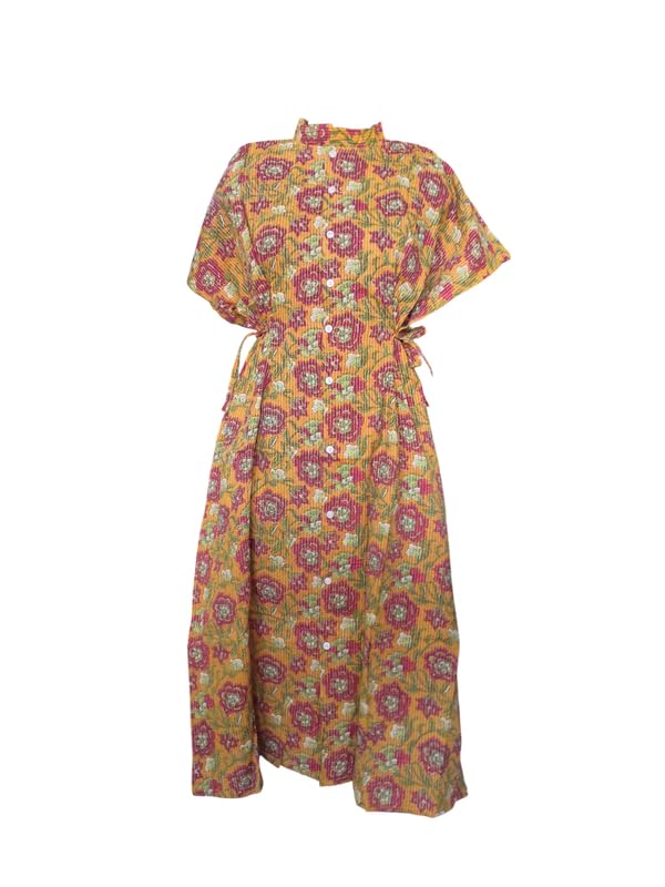 Image of Women's Cotton Full Front Open Dress | Mandarin Collar Button-Down | Darted Waist with Multi Tie-Up | Calf Length | Maternity, Feeding, Elderly & Hospital Wear | Sizes L-3XL