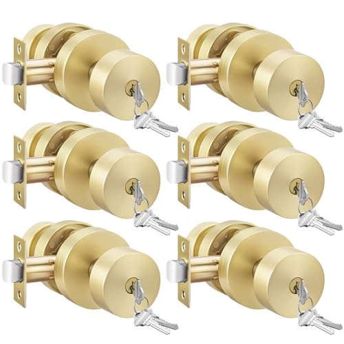 Image of Haidms Gold Door Knobs with Key, Heavy-Duty Zinc Alloy Keyed Entry Door Knobs Exterior, Brushed Gold Front Door Knob with Lock, Keyed Different, 6 Pack