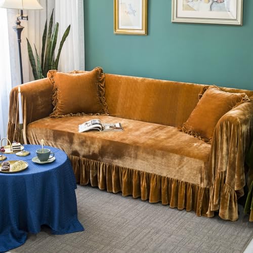 Glory Season RBSFJ2023 Velvet Sofa Cover Soft Decorative Luxurious Solid Exquisite Ruffle Trim,Retro Farmhouse Vintage Sofa Slipcover Couch Cover thumb #7