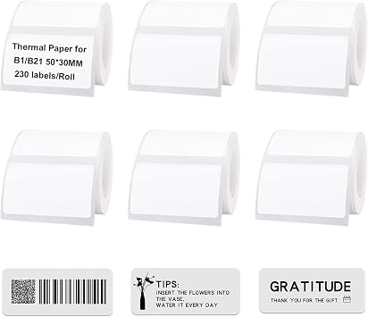 Label Maker Tape 1.98" x 1.2" 50x30mm Waterproof Sticker Paper Barcode Address Labels Waterproof Oil Resistant Scratch Resistant for NIIMBOT B1/B21 Label Printer - 6 Rolls White
