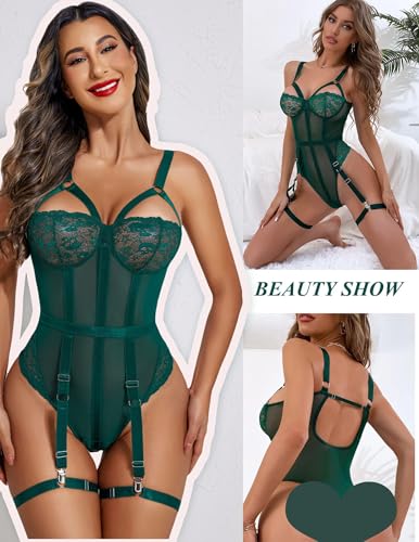Image of SSoShHub Women Lingerie Set Lace Teddy Strap Babydoll Bodysuit Bikini with Garter Belt One Piece Lingerie Strappy Lingerie