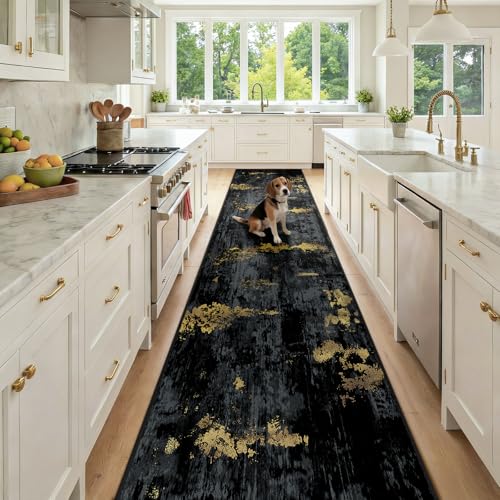 RELEANY Washable Runner 2'6"x12' Abstract Area Rug for Hallway Black Gold