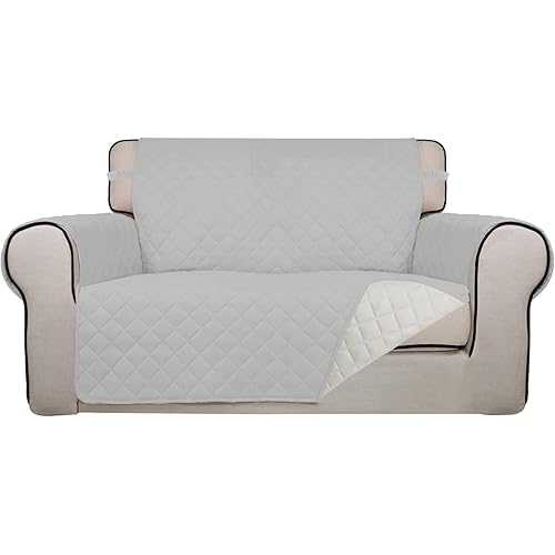 PureFit Reversible Quilted Sofa Cover, Water Resistant Slipcover Furniture Protector, Washable Couch Cover with Non Slip Foam and Elastic Straps for Kids, Pets (Loveseat, Light Gray/Ivory)