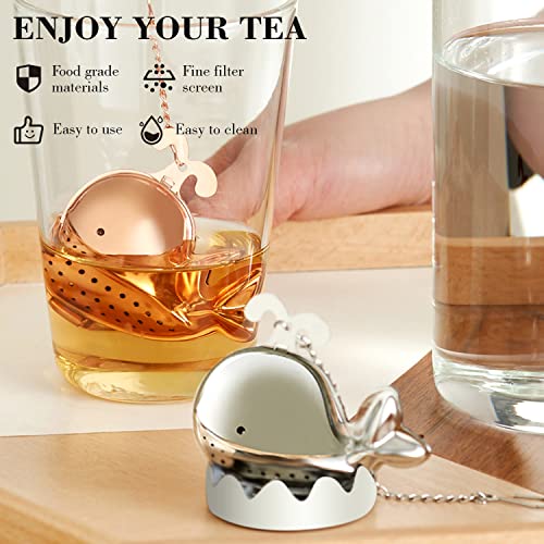 Kofpar Tea Infuser, 2 Pack Cute Whale Tea Filters, Tea Diffuser For Loose Leaf Tea With Extended Chain Hook, Extra Fine Mesh Tea Diffuser, 18/8 Stainless Steel Loose Tea Steeper (Silver & Rose Gold) #TOP3