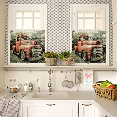 Annamall Antique Car Curtains Tiers Valances, Vintage Old Classic Truck Farm Decor Rod Pocket Short Small Cafe Curtain Window Curtains Panel For Kitchen Bathroom 2 Panels, 27.5" X 36" #TOP1